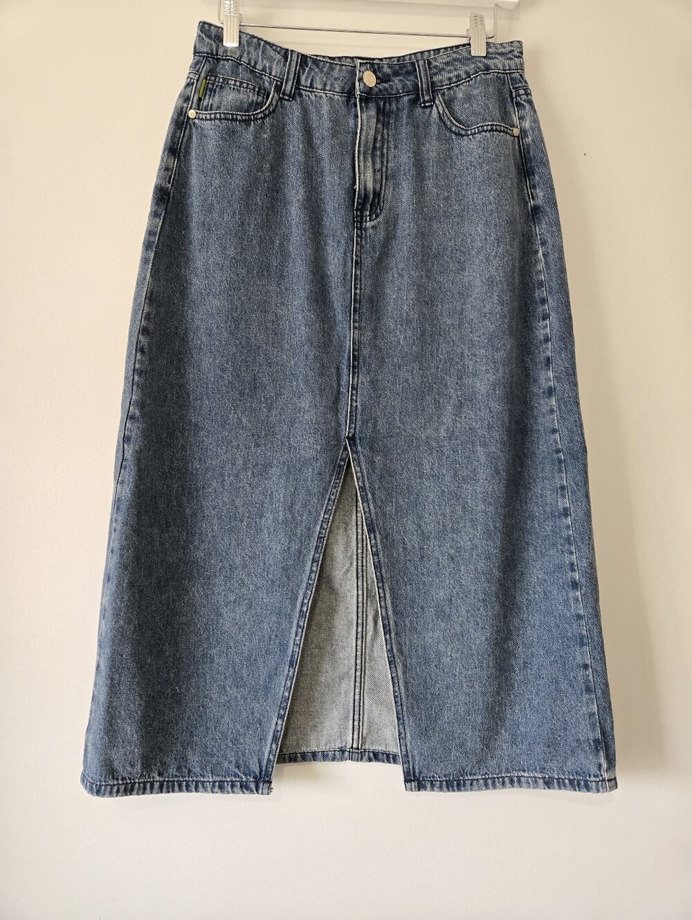 FRNCH Loght Wash Midi Denim Skirt With Front Slit. Size M